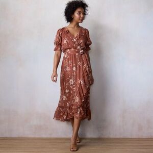 LC Lauren Conrad Ruffled Puff Sleeve Maxi Wrap Dress l Red l Size L